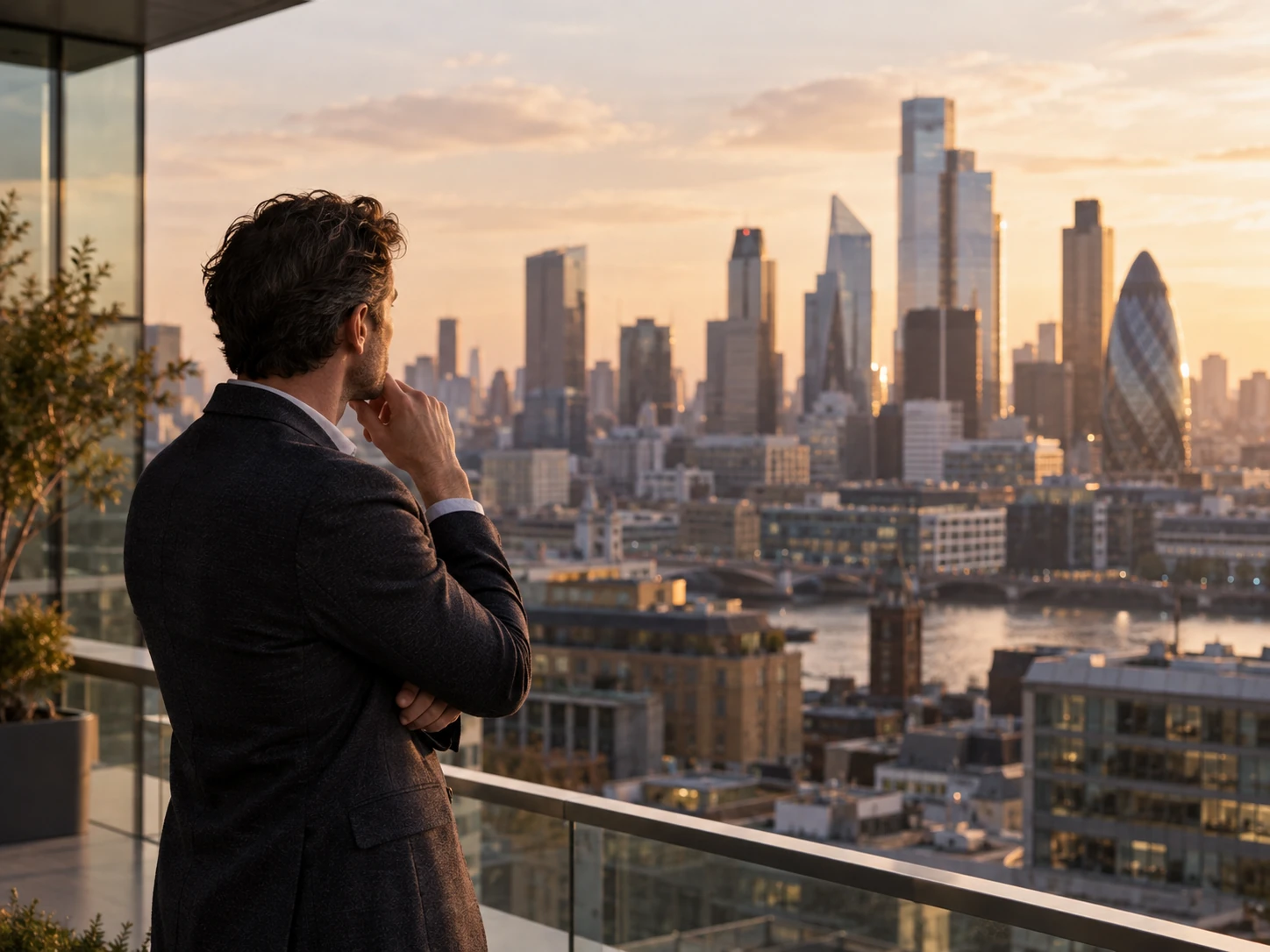 A man in a dark jacket stands on a high terrace at sunset, looking out over a city skyline.