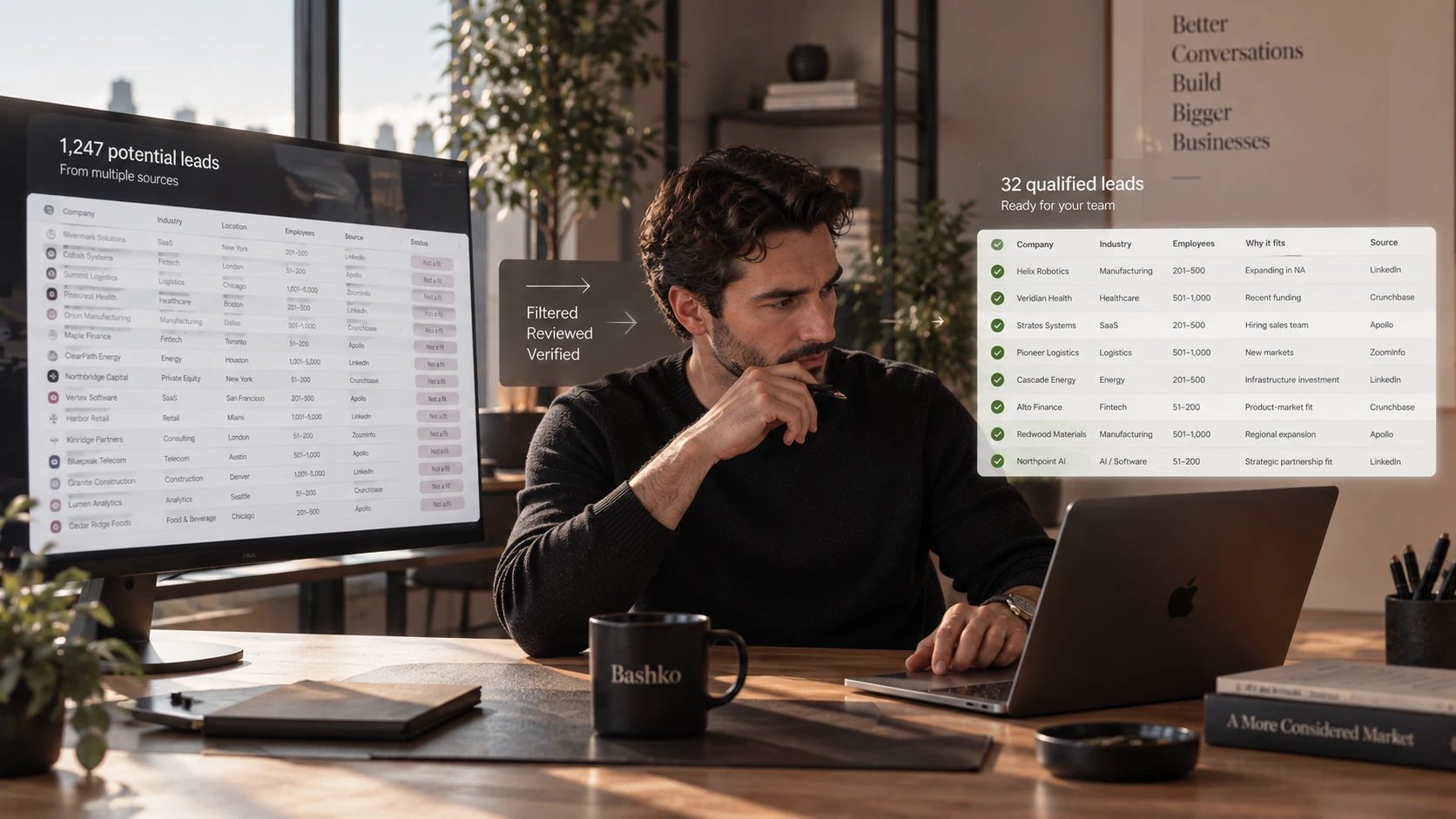 A researcher at a desk between two screens: a long table of 1,247 potential leads on the left, and a short table of 32 qualified leads on the right, with the words filtered, reviewed, verified between them.