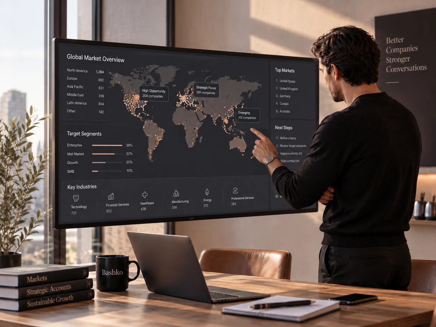 A man points at a wall display headed Global Market Overview, showing a world map, target segments, key industries, top markets and next steps.