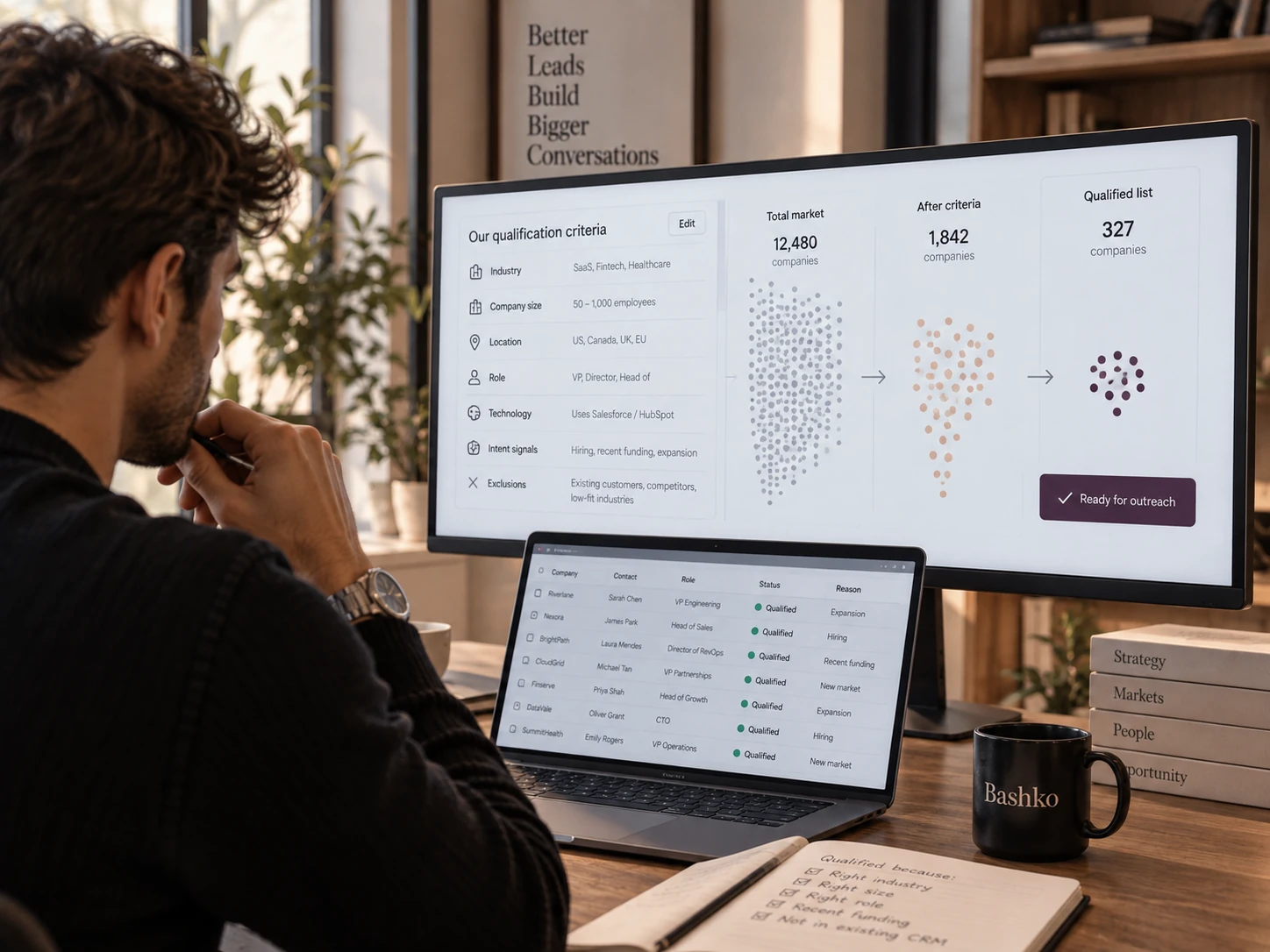 A man reviews a screen listing qualification criteria and a funnel from 12,480 companies in the total market, to 1,842 after criteria, to a qualified list of 327.