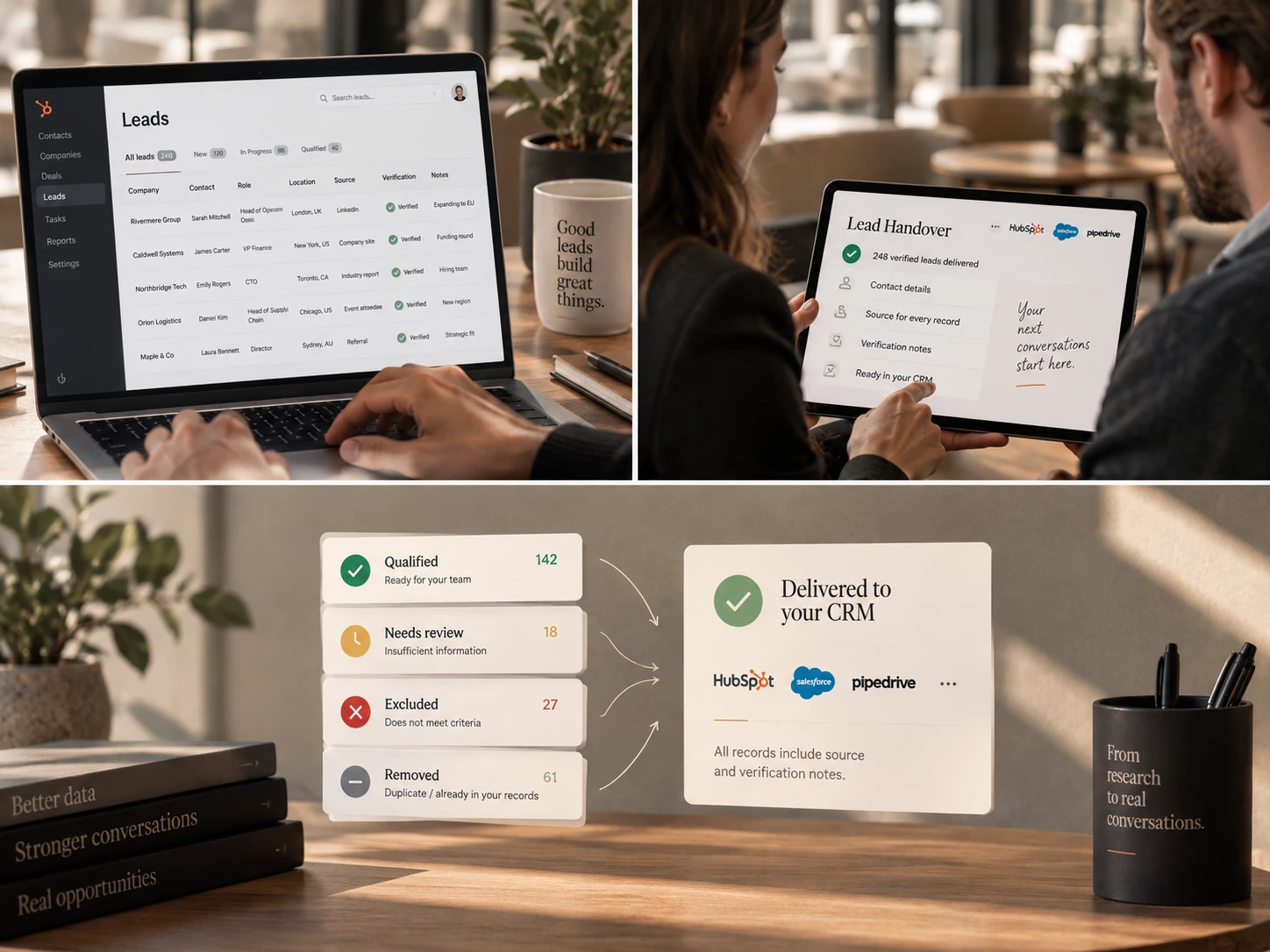 Three-panel collage: a leads table in a CRM, two people reviewing a lead handover on a tablet, and a summary of qualified, needs-review, excluded and removed records delivered to the CRM with source and verification notes.