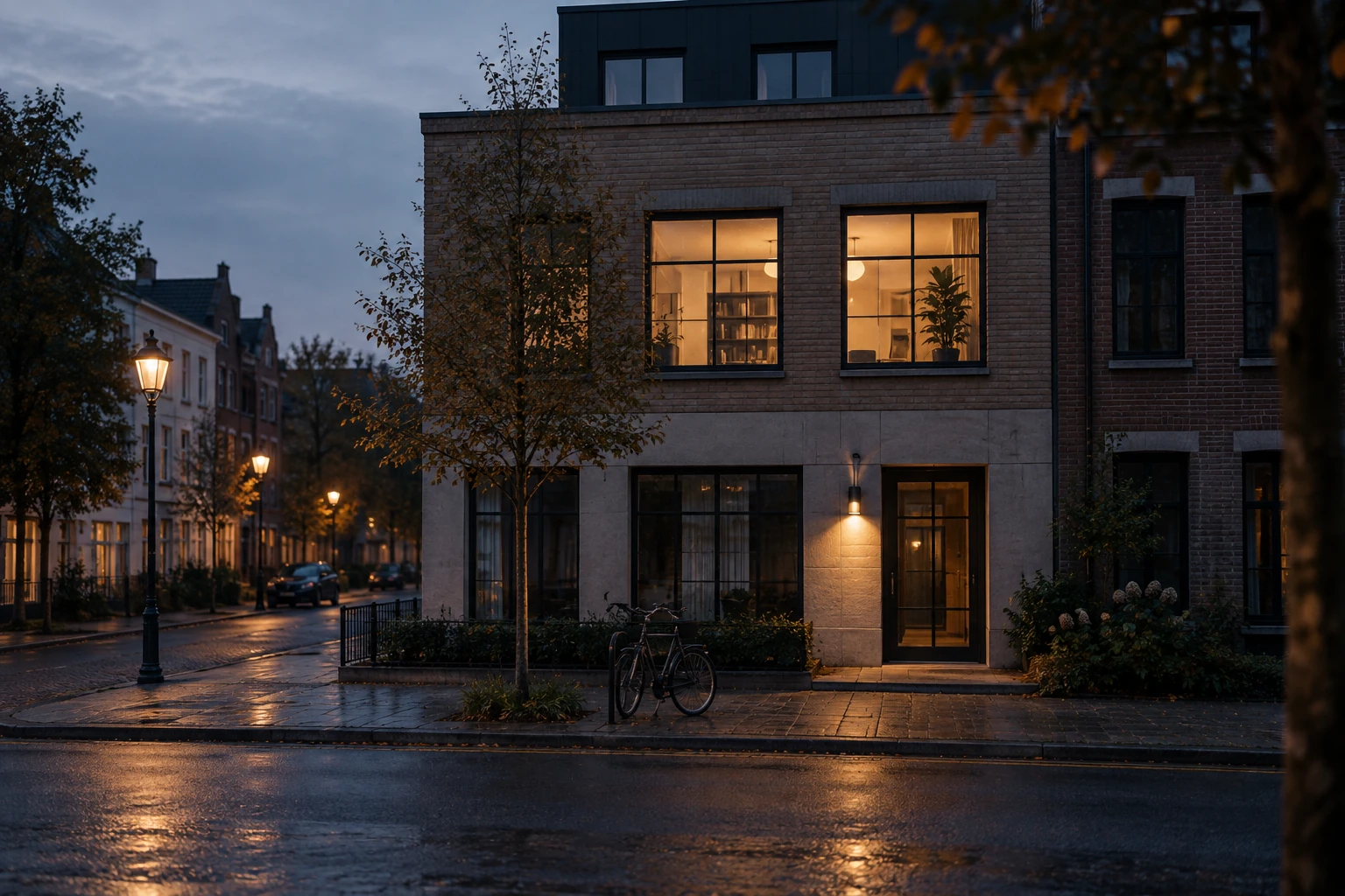 A small brick and stone office building at dusk on a quiet, rain-washed street, its windows warmly lit, a bicycle by the door.