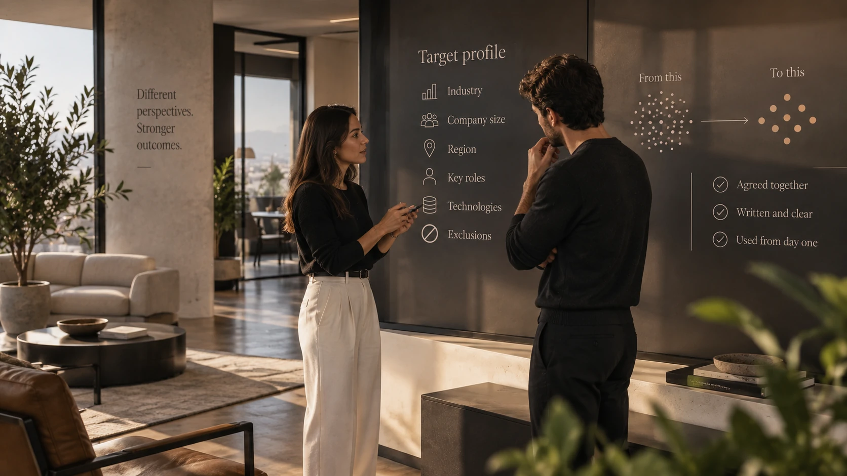 Two colleagues discuss a wall display headed Target profile, listing industry, company size, region, key roles, technologies and exclusions, with three checks: agreed together, written and clear, used from day one.